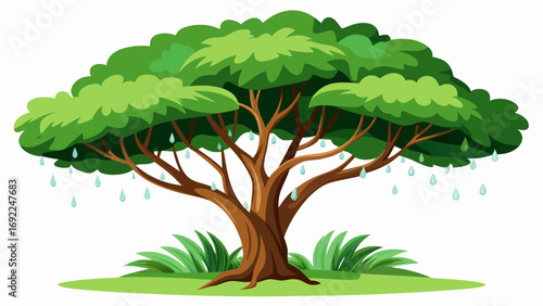 Cartoon illustration of a lush green tree with falling raindrops and green grass at its base