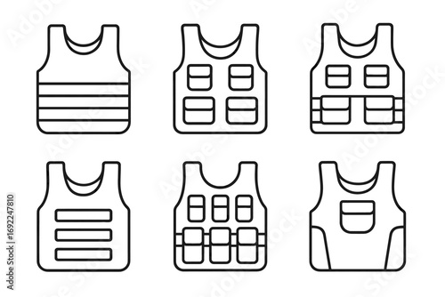 Vector set of six bulletproof vest outline icons: different protective designs