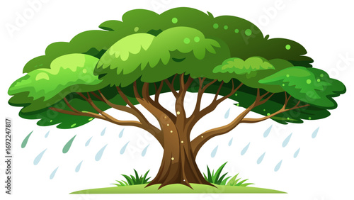 Stylized cartoon illustration of a large green tree with a brown trunk and branches during a gentle rain shower