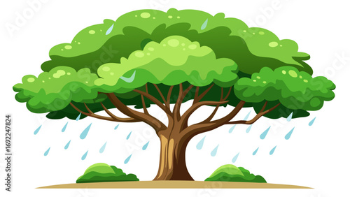 Stylized cartoon illustration of a large green tree with brown trunk during a gentle rain shower