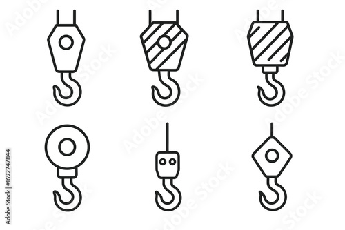 Minimalist industrial hook icon set featuring various designs