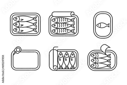Line art icons of sardine tins and fish in minimalist design