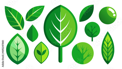 Collection of stylized green leaves and circular tree icons representing nature and growth