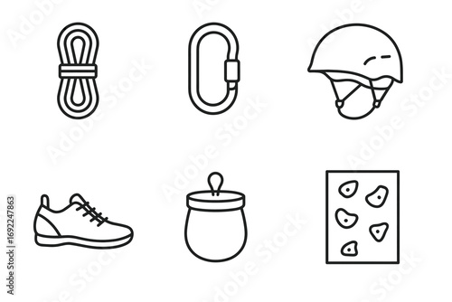 Rock climbing gear icons: rope, carabiner, helmet, shoe, chalk bag, wall
