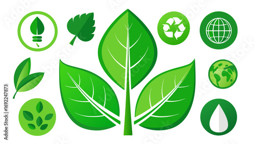 Collection of green eco friendly icons and symbols including leaves earth recycle and light bulb