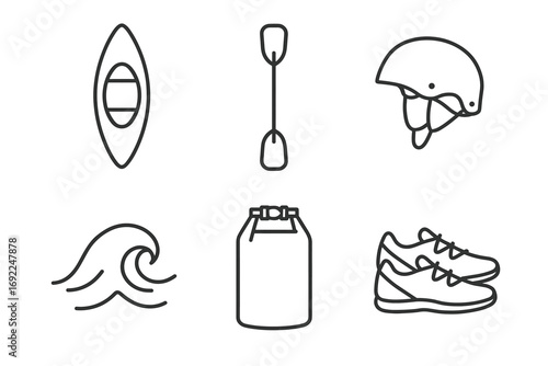 Kayaking essentials icons: kayak, paddle, helmet, wave, waterproof bag, shoes