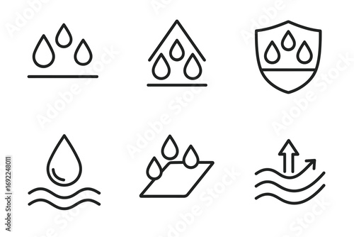 Minimalist water-resistant icon set featuring droplets and waves