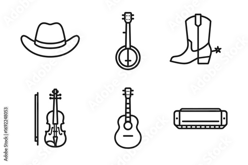 Icons of western music: hat, banjo, boots, violin, guitar, harmonica