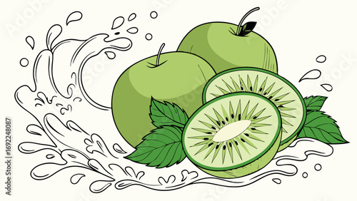 Green Apples and Kiwi Fruit with Splash Illustration.