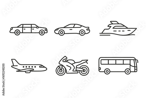 Transportation icons set featuring car, boat, airplane, motorcycle, and bus