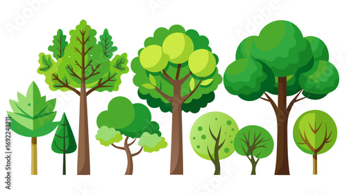 Collection of stylized green trees with various shapes and sizes on a white background