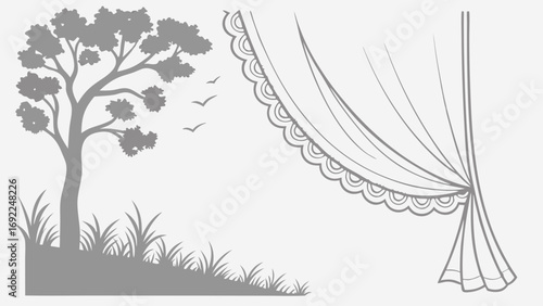 Grey Scale Illustration of a Tree Grass Birds and a Draped Curtain.