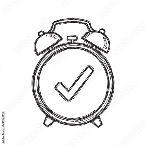 Hand drawn alarm clock icon with check mark, timely completion sketch, deadline approved doodle symbol, vector line art illustration.

