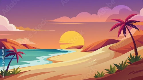 Vibrant tropical beach sunset with palm trees ocean waves and colorful sky
