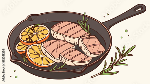 Grilled Fish Steaks with Citrus and Herbs in a Cast Iron Skillet.