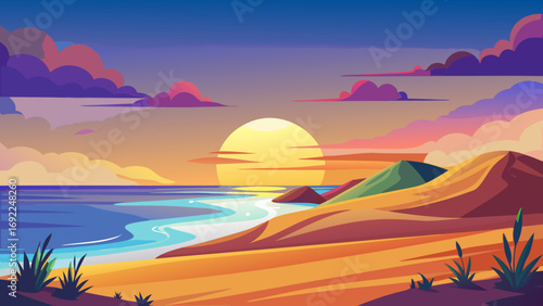 Vibrant sunset over a serene ocean coastline with rolling hills and colorful clouds