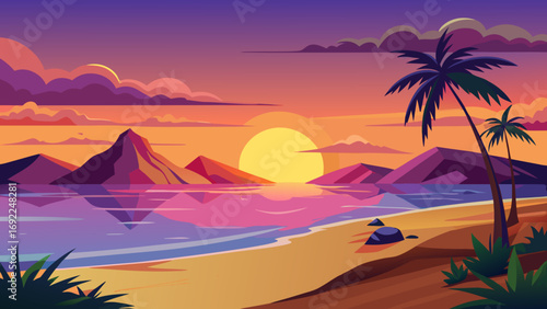 Vibrant tropical beach sunset with palm trees mountains and colorful reflections on the water