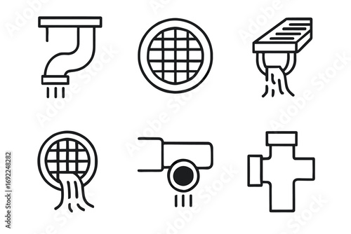 Collection of simple drain and sewer line icons for plumbing and water systems