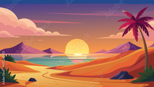 Vibrant sunset over a tranquil ocean with distant mountains and a lone palm tree
