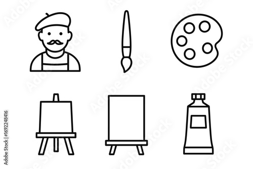 Art tools and iconic artist: brushes, palette, easel, canvas, paint tube, artist
