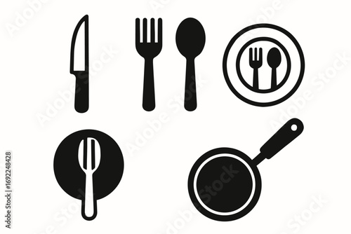 Minimalist kitchen utensil icons featuring knife, fork, spoon, plate, and pan