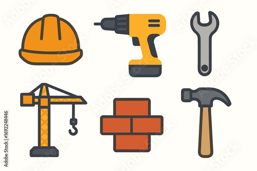 Colorful construction tools and equipment icons set featuring drill, hammer, and hard hat
