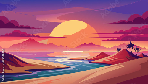 Vibrant sunset over a tropical island with palm trees and calm ocean waters