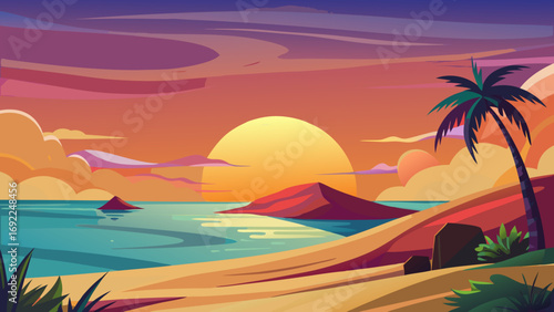 Vibrant tropical island sunset with palm tree and colorful sky over calm ocean waters