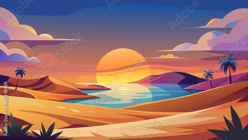 Vibrant sunset over a tranquil bay with palm trees and colorful desert landscape