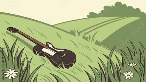 Guitar resting in a grassy field idyllic summer landscape illustration nature music background vector art.