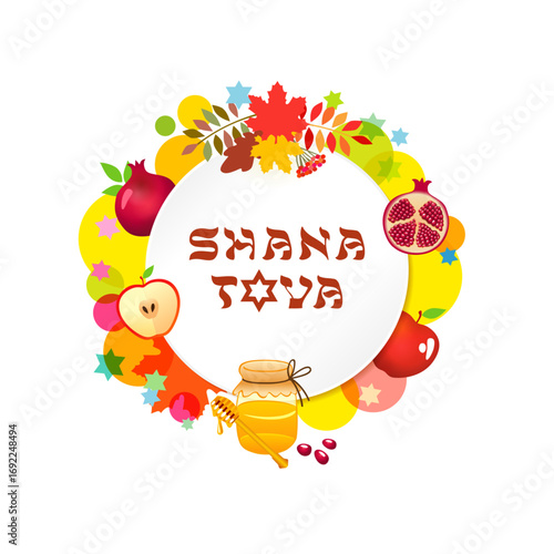 Shana Tova - Happy and sweet year, Jewish New Year wish card. Creative label with 3D graphic elements.