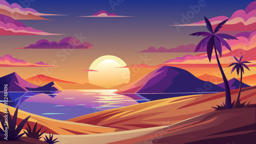 Vibrant sunset over a tropical island landscape with palm trees and colorful clouds reflecting in the water