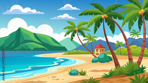 Vibrant cartoon tropical island beach scene with palm trees green mountains and blue ocean waves