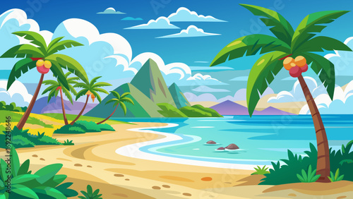 Vibrant tropical beach scene with palm trees mountains and turquoise ocean under a blue sky