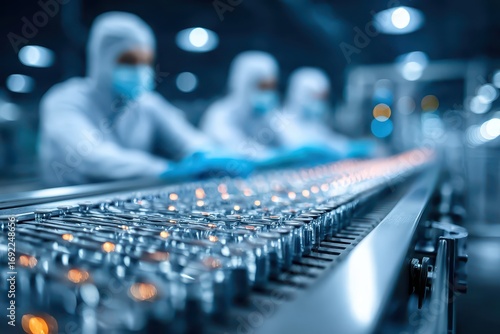 Wallpaper Mural Automated sterile vial production line in a cleanroom, observed by masked workers. Torontodigital.ca