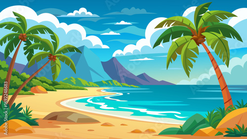 Vibrant tropical beach with palm trees mountains and turquoise ocean waves under a blue sky