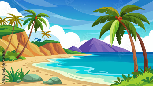 Vibrant cartoon tropical beach with palm trees sandy shore turquoise ocean and purple mountains under a blue sky