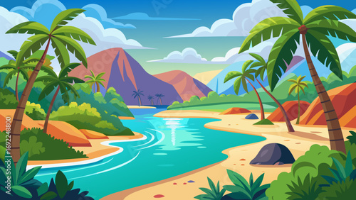 Vibrant tropical paradise with palm trees turquoise river sandy beaches and majestic mountains under a clear blue sky