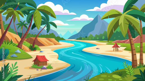 Vibrant cartoon tropical landscape with a flowing river palm trees and small huts under a blue sky