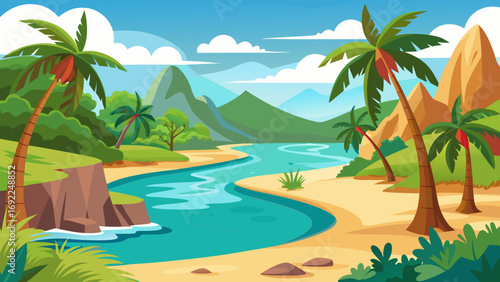 Vibrant tropical paradise with a winding river flowing through sandy beaches and lush green mountains under a clear blue sky