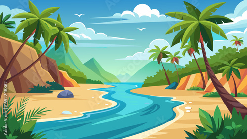Idyllic tropical paradise with a winding river flowing through a sandy beach and lush palm trees