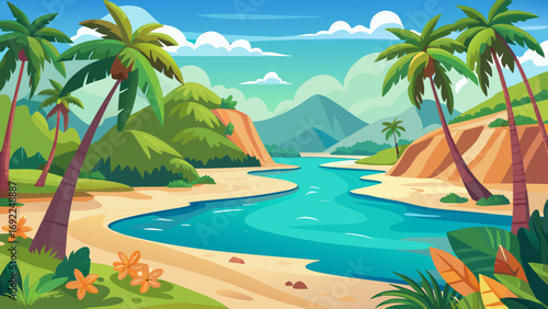 Vibrant tropical paradise landscape with a winding river sandy beach palm trees and lush green hills under a blue sky