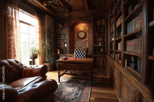Wallpaper Mural Elegant Home Library with Leather Chair, Wooden Desk, and Book-Filled Shelves Torontodigital.ca
