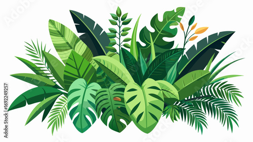 Vibrant tropical jungle foliage with diverse green leaves and a few yellow accents on white background