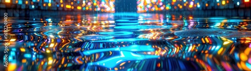 A vibrant abstract scene showcasing colorful reflections in water, creating a mesmerizing display of light and movement.