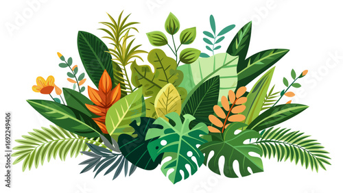 Vibrant illustration of lush tropical jungle foliage with exotic flowers and leaves in various shades of green and orange