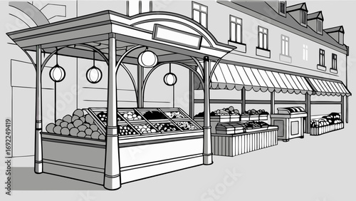 Illustration of a fruit and vegetable market stall with produce displayed outdoors.