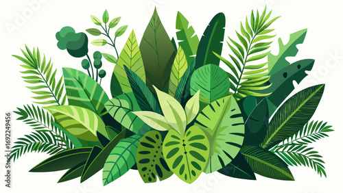 Vibrant illustration of lush green tropical jungle foliage and exotic plant leaves on a white background