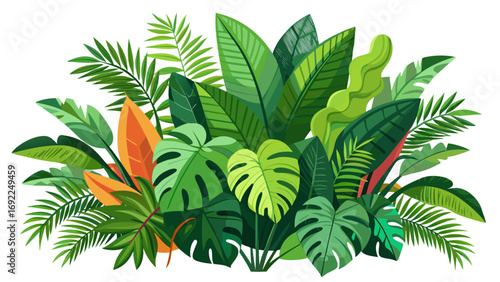 Vibrant illustration of a lush tropical jungle foliage arrangement with diverse green leaves and orange accents