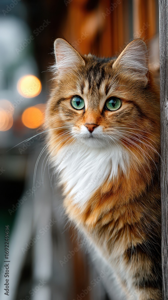 Fototapeta premium Portrait of a Beautiful Long Haired Cat with Striking Green Eyes